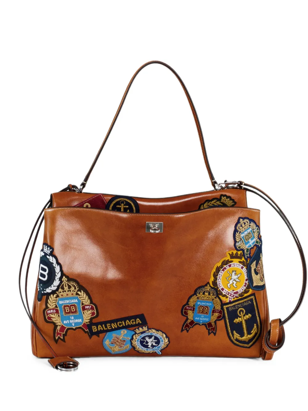 Balenciaga large patch-embellished messenger bag - Marrone