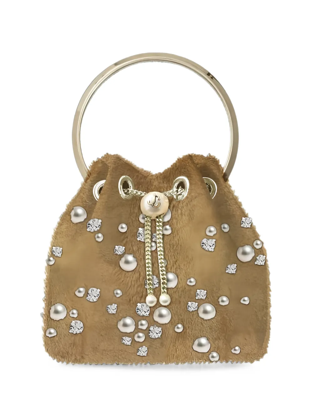 Jimmy Choo Bon Bon Shearling Faux-pearl Embellished Bucket Bag In Brown