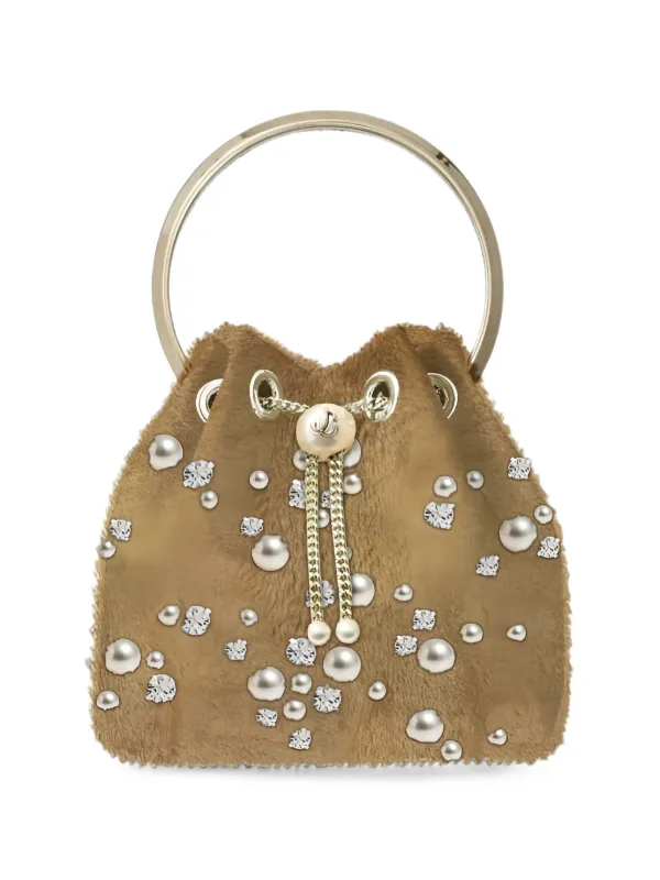 Jimmy Choo Bon Bon Shearling Faux-pearl Embellished Bucket Bag in Neutrals