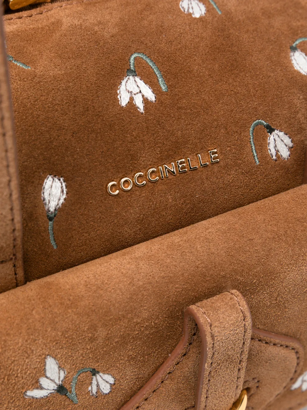 Coccinelle Mavery suède mini-schoudertas met geborduurde bloemen Bruin
