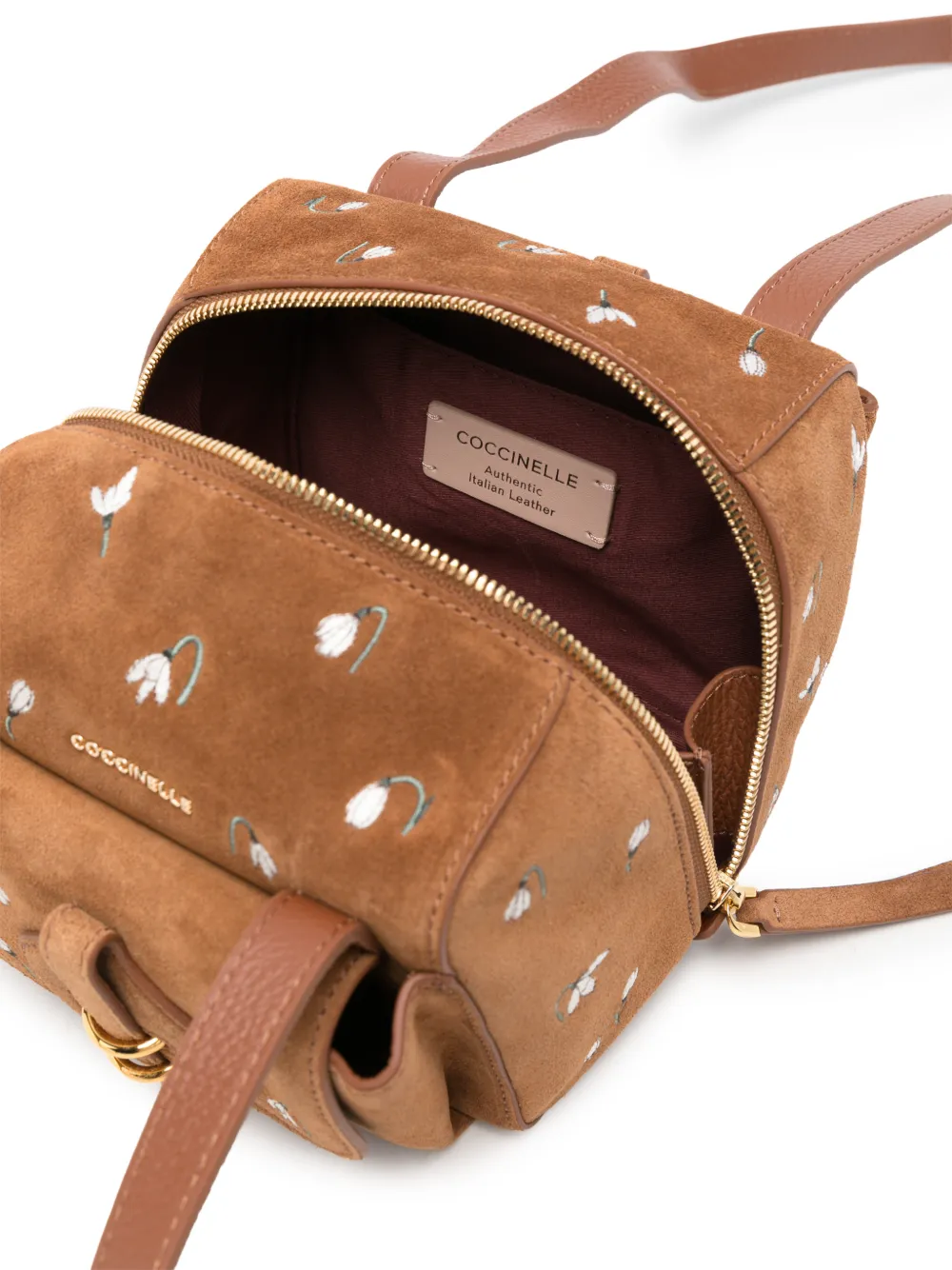 Coccinelle Mavery suède mini-schoudertas met geborduurde bloemen Bruin