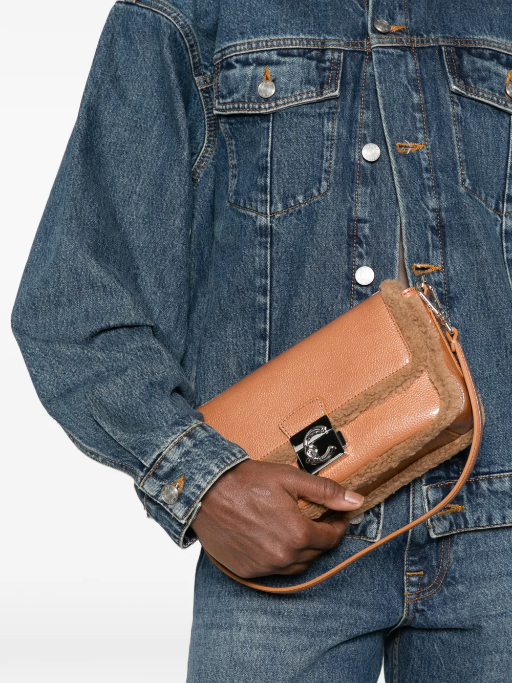 Coccinelle C-Me Lock shearling-trim clutch bag Beige