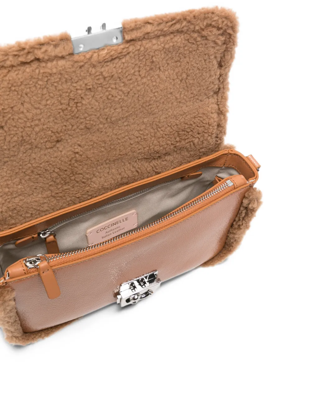 Coccinelle C-Me Lock shearling-trim clutch bag Beige