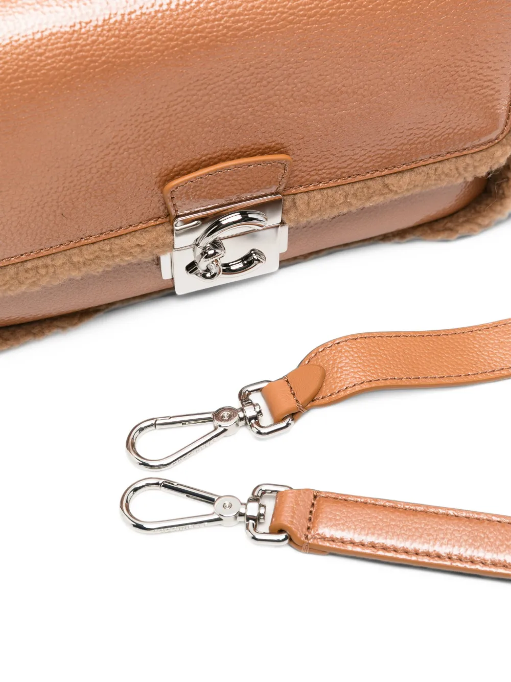 Coccinelle C-Me Lock shearling-trim clutch bag Beige
