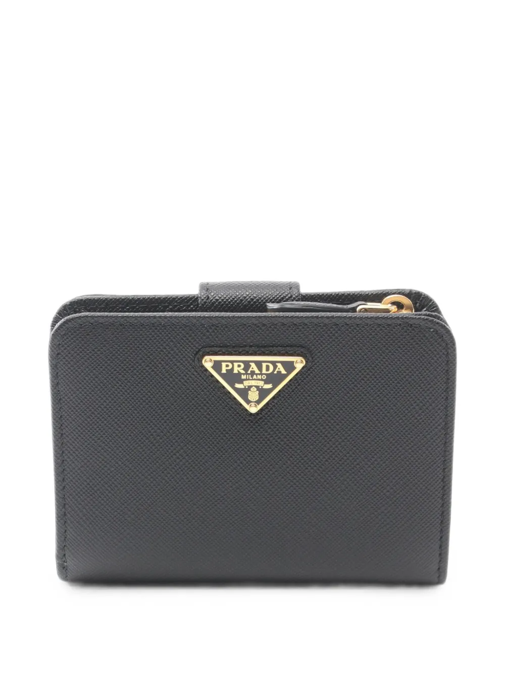 Pre-owned Prada Saffiano Triang Bi-fold Wallet In Black
