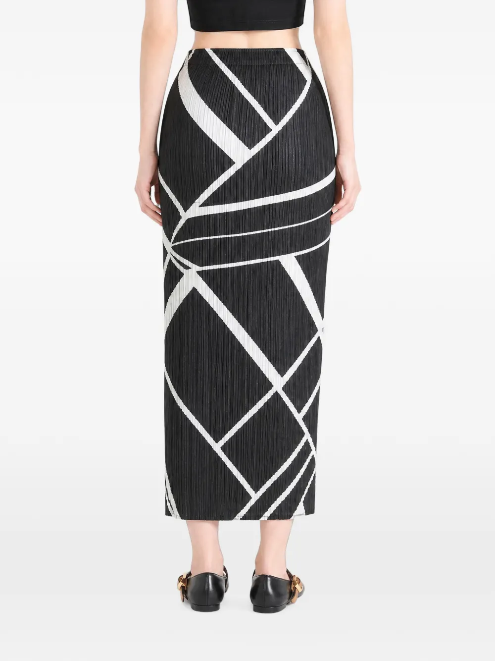 Pleats Please Issey Miyake geometric-print plissé midi skirt Zwart