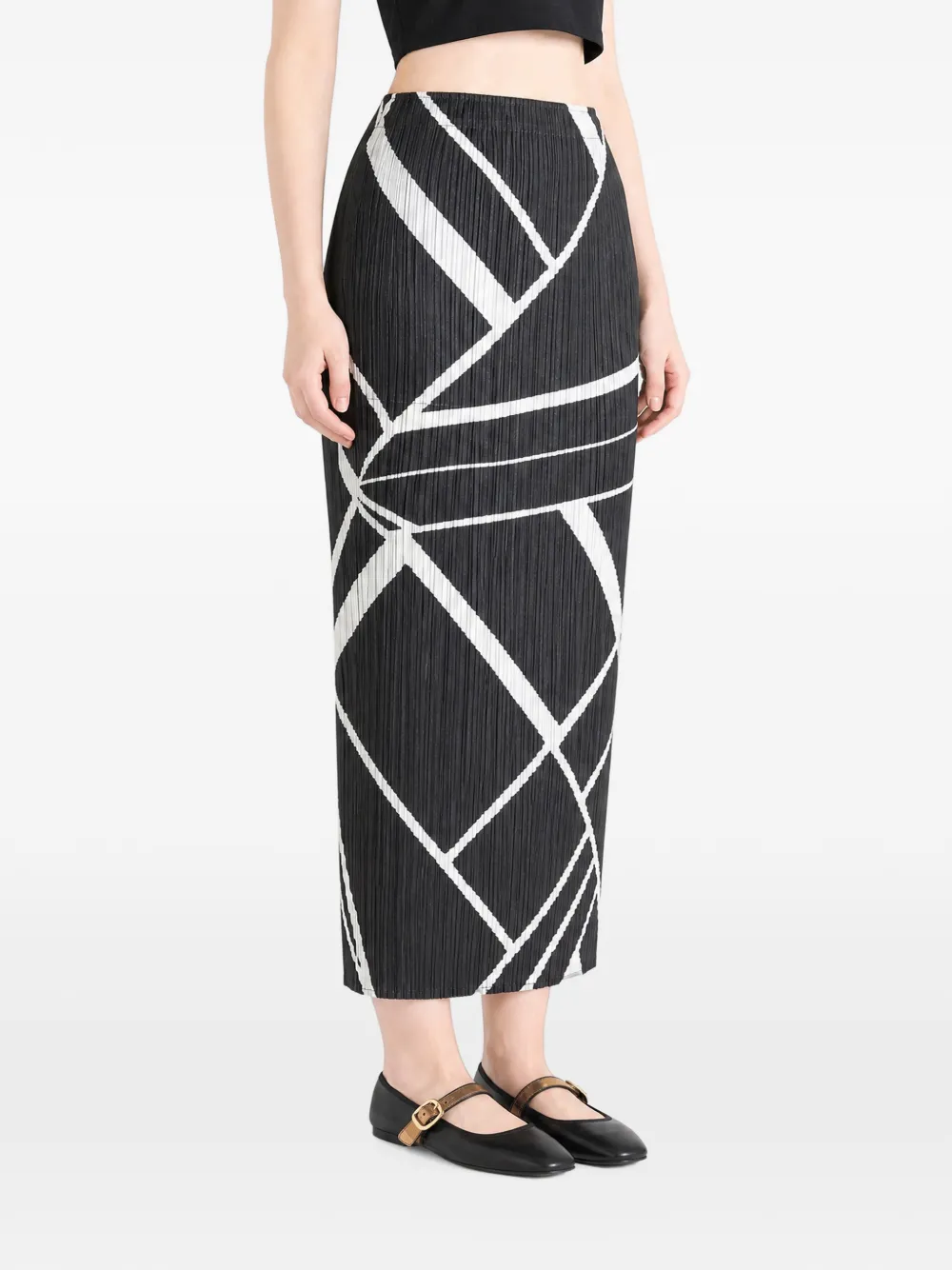 Pleats Please Issey Miyake geometric-print plissé midi skirt Zwart