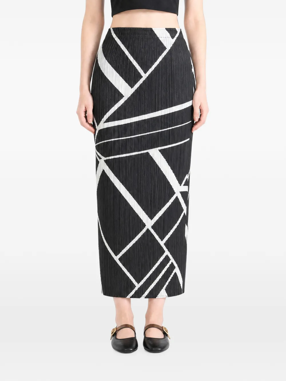 Pleats Please Issey Miyake geometric-print plissé midi skirt Zwart
