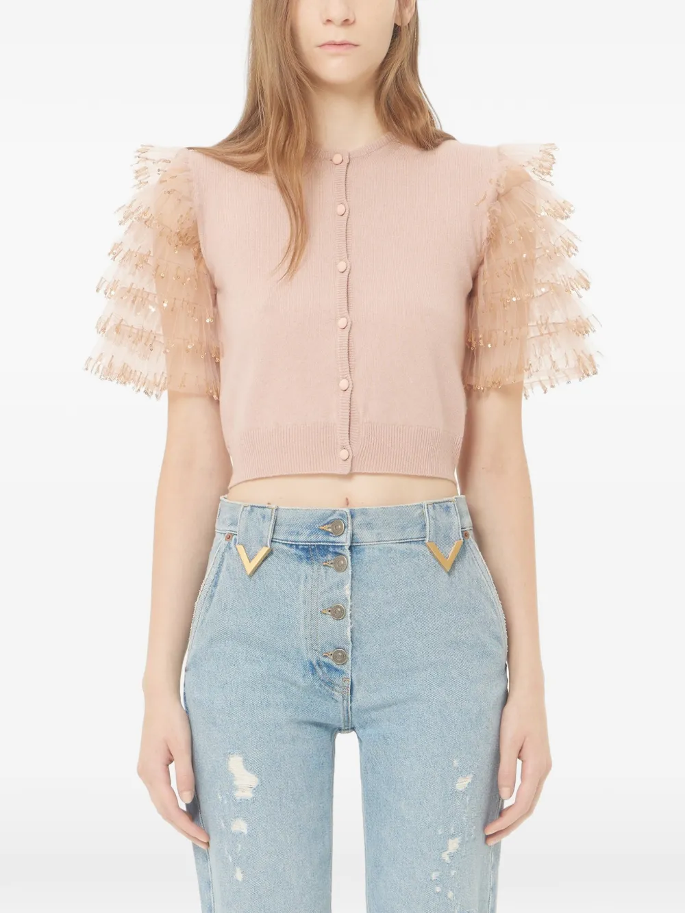 Valentino Garavani Vest met tulen mouwen en pailletten Roze