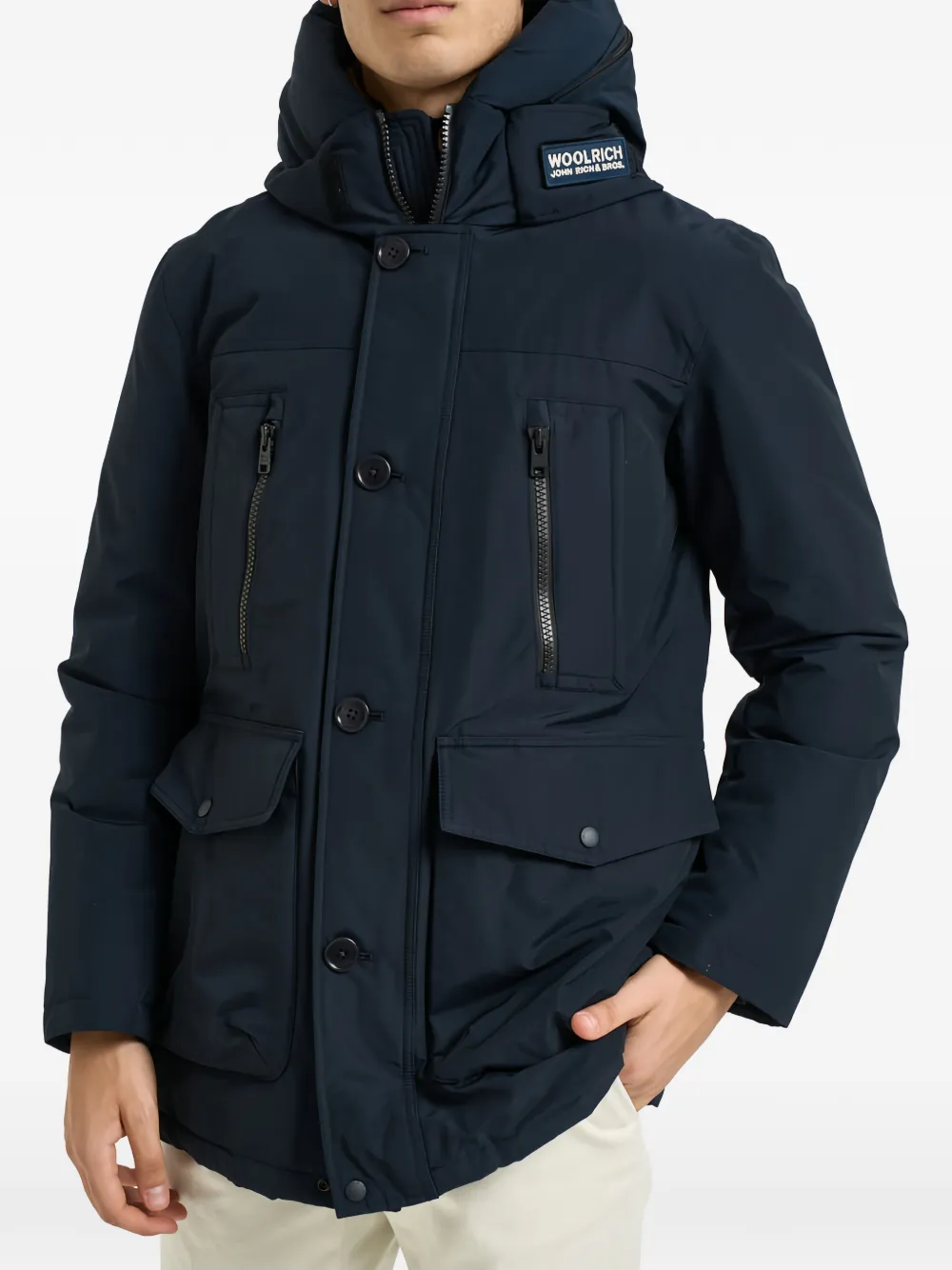 Woolrich hooded logo-patch coat