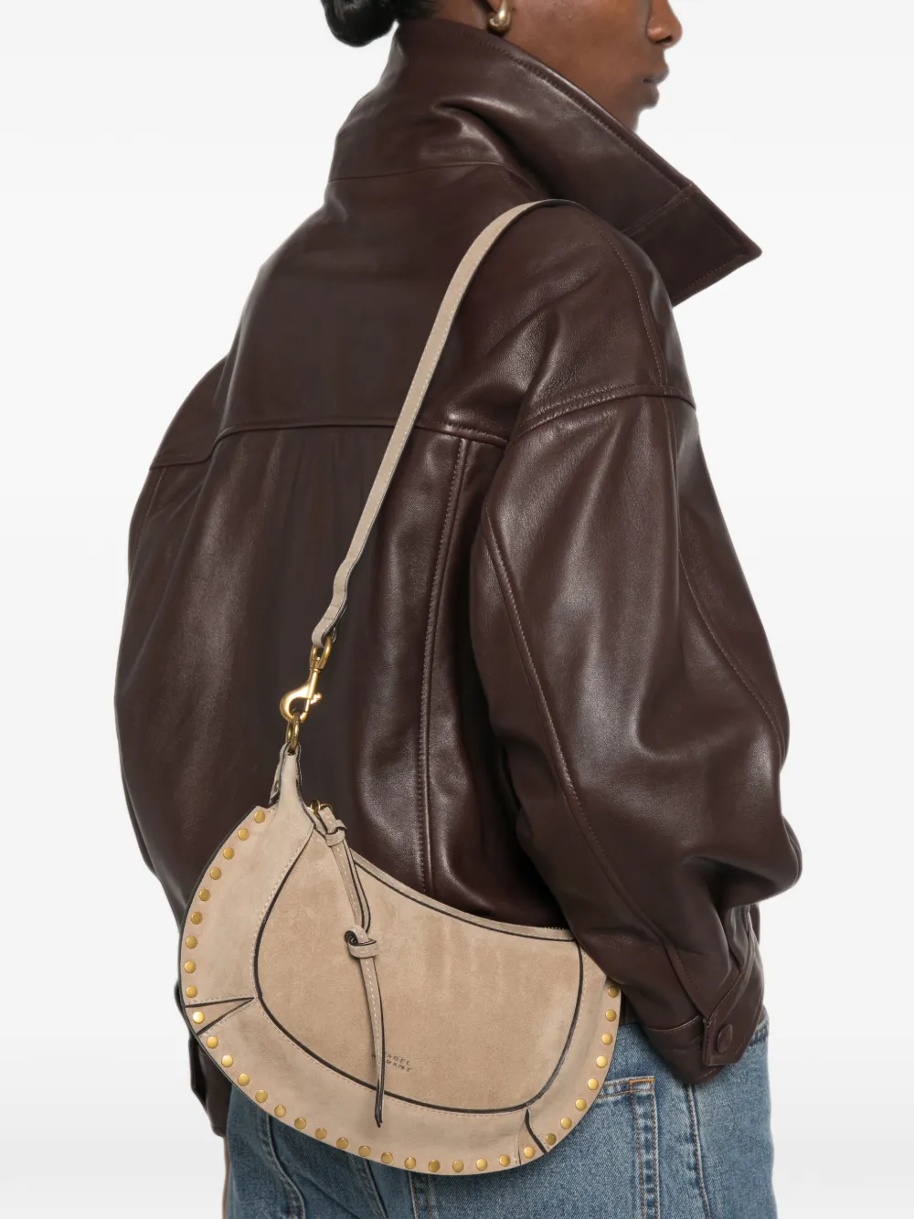 ISABEL MARANT Oskan Moon schoudertas met studs Beige