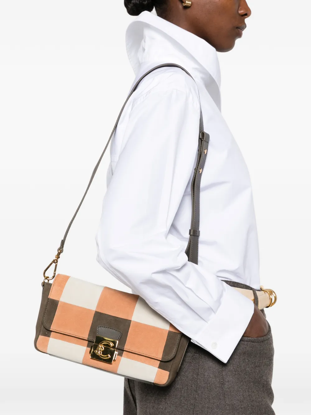 Coccinelle C-Me Lock check-pattern clutch bag Beige