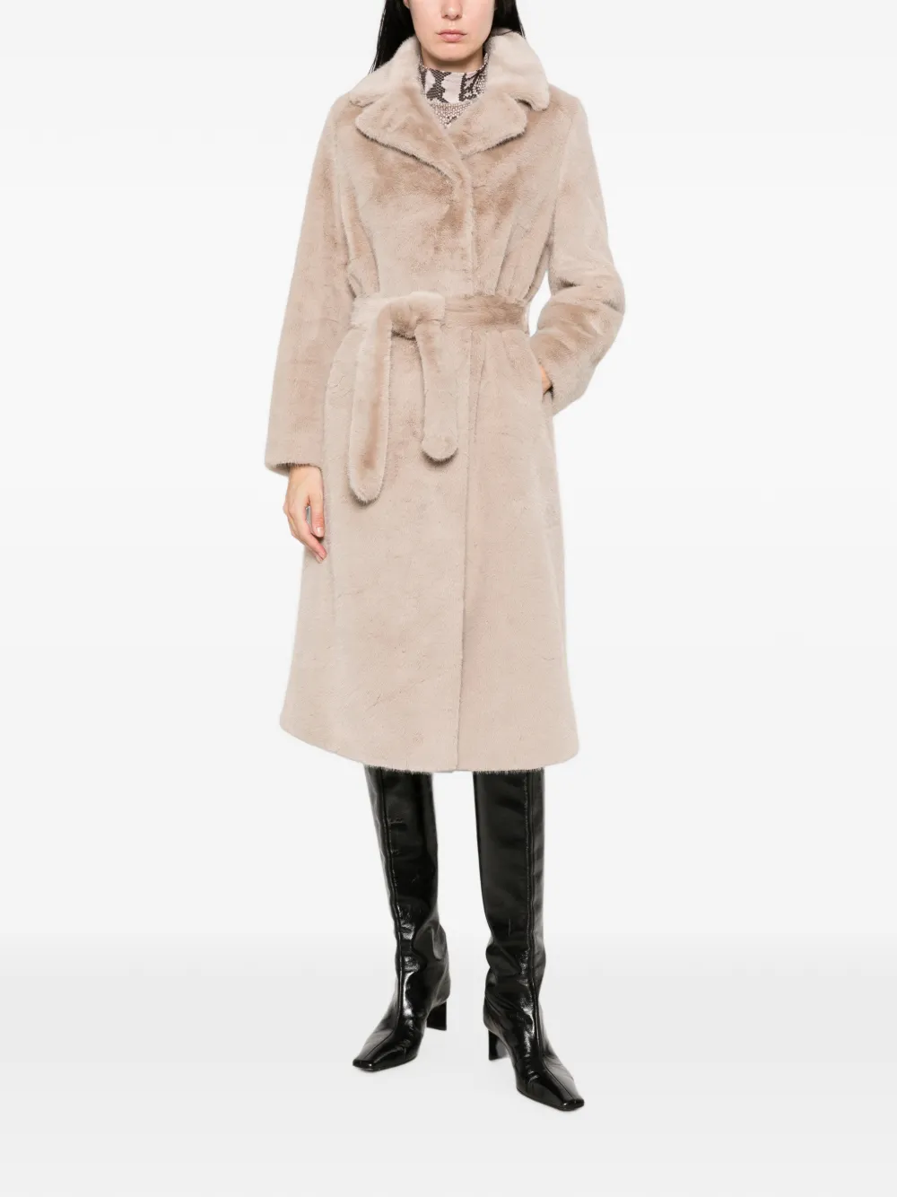 Duno Belted Shearling-effect Coat In 뉴트럴