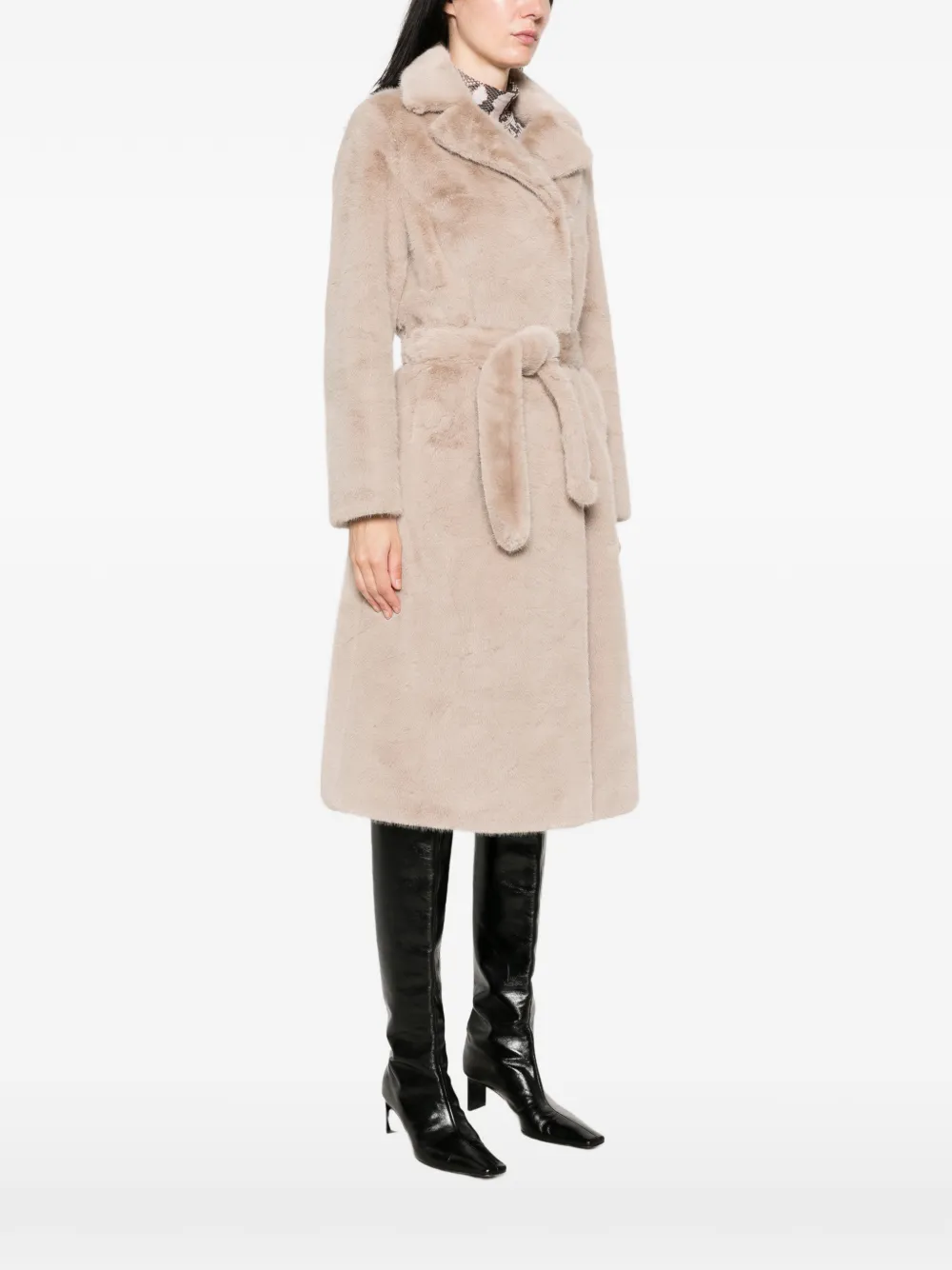 Duno Belted Shearling-effect Coat In 뉴트럴