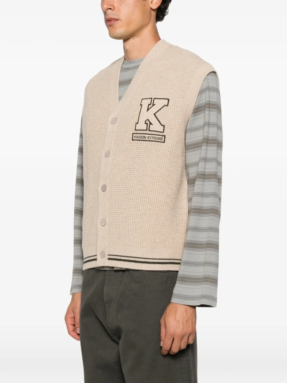 Maison Kitsuné Wafelgebreid vest met logopatch Beige