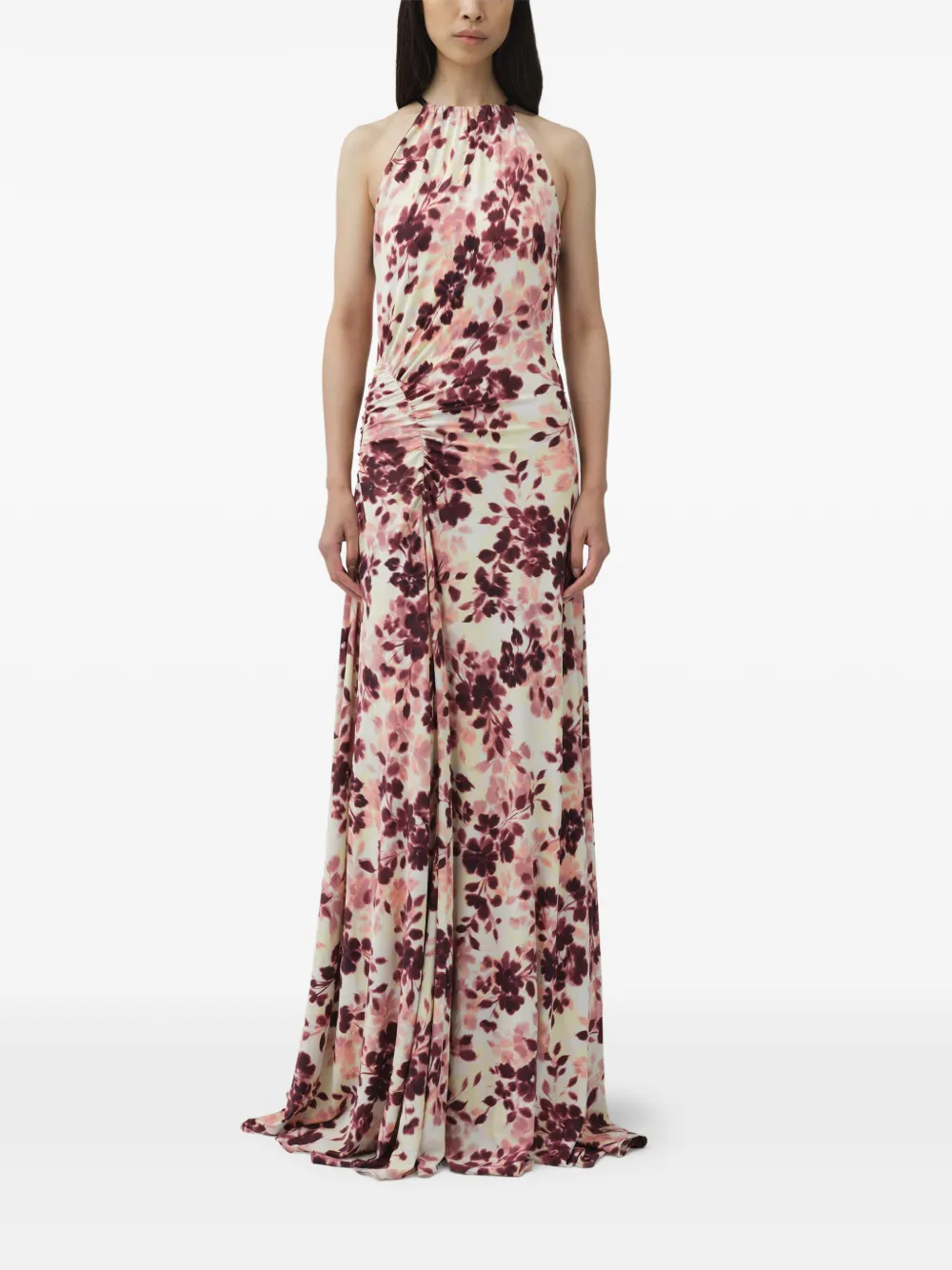 SIMKHAI Cerin gedrapeerde maxi-jurk met bloemen-print Beige