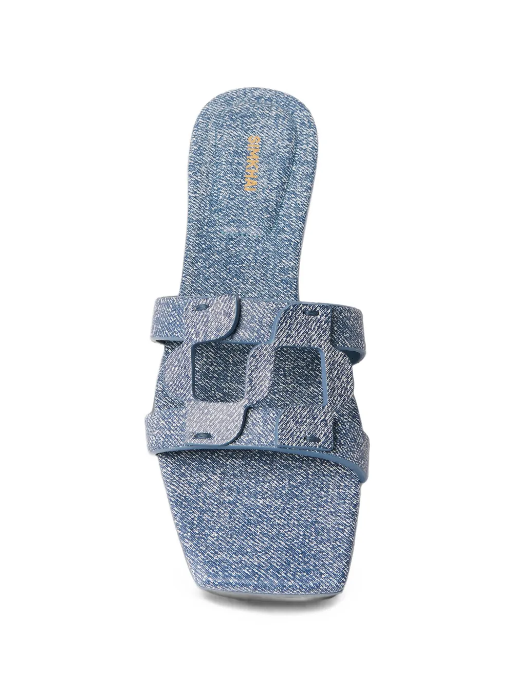 SIMKHAI Monogram denim-printed leather sandals Blauw