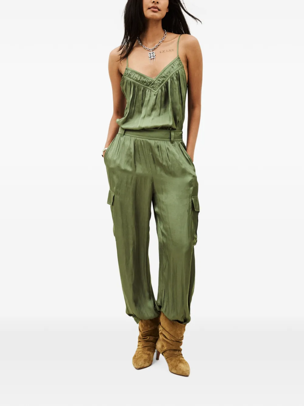 Ba&Sh Clovis mouwloze blouse met ruches en V-hals Groen