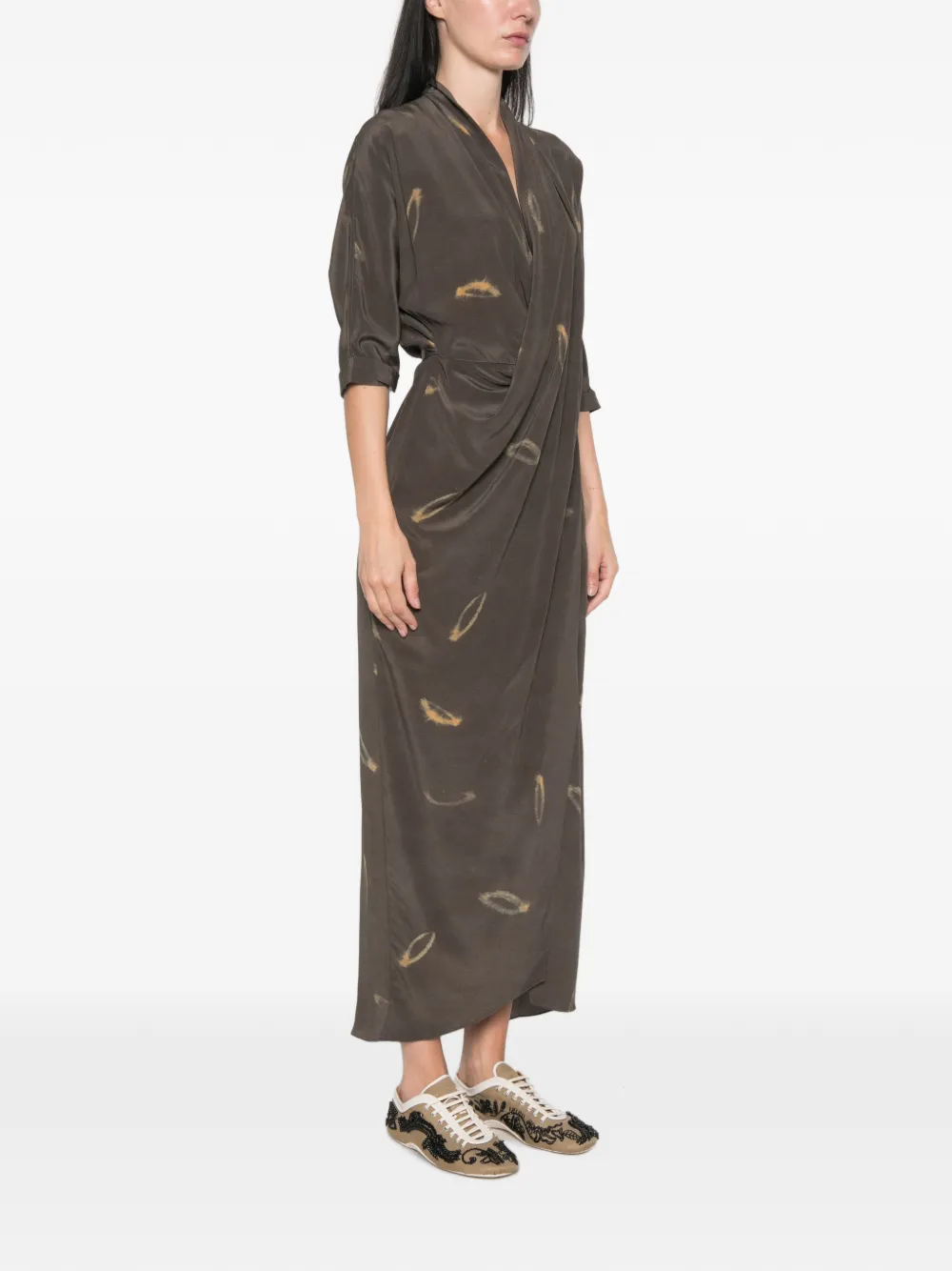 Cortana Thea Soma-print Draped Midi Dress in Grey, view 3