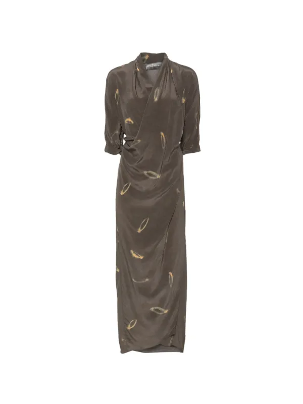 Cortana Thea Soma-print Draped Midi Dress in Grey