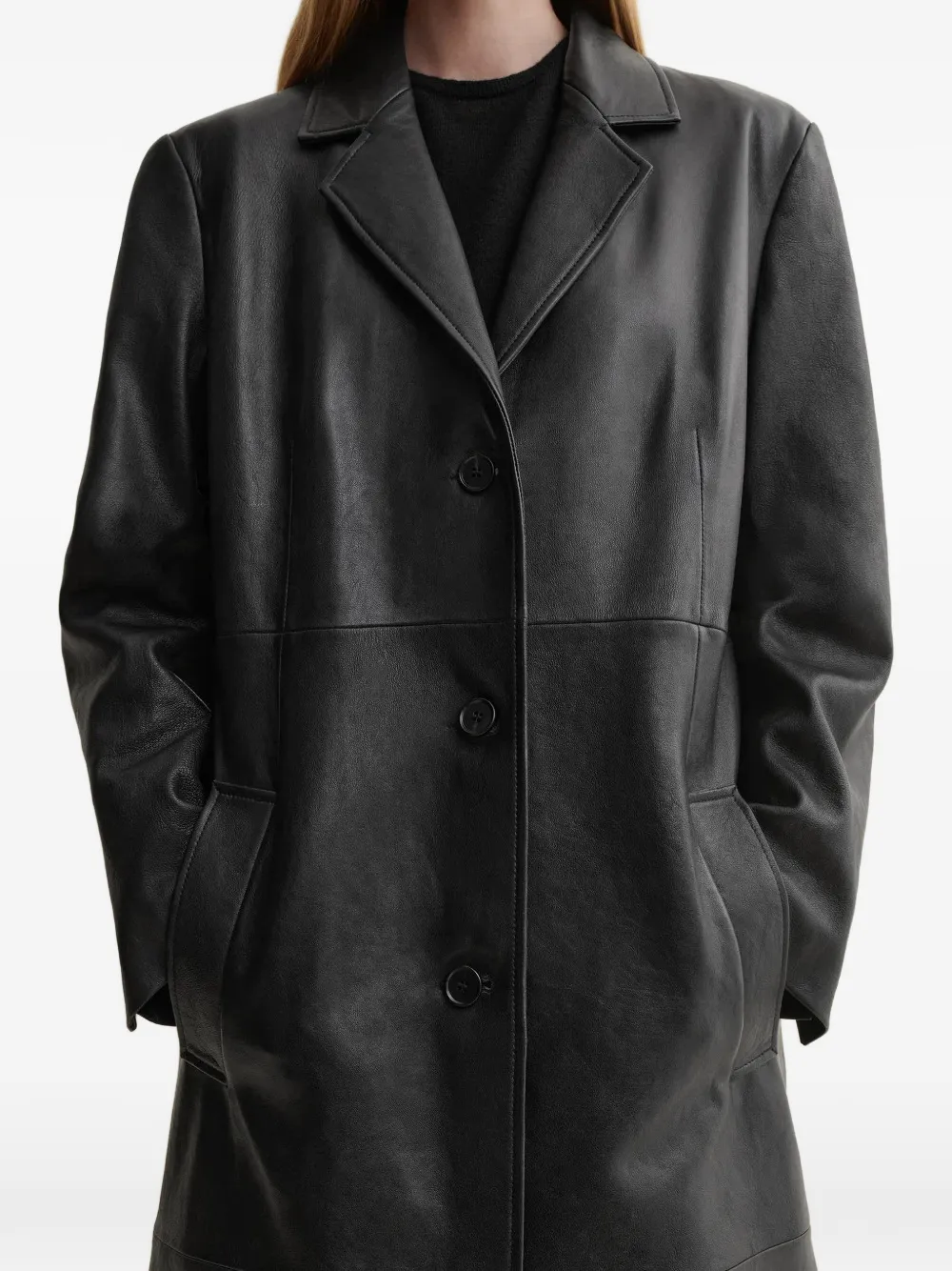 Arma Panelled Leather Coat in Black, view 2