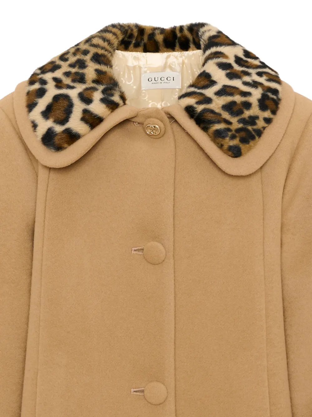 Gucci Kids leopard-print trim wool coat Beige