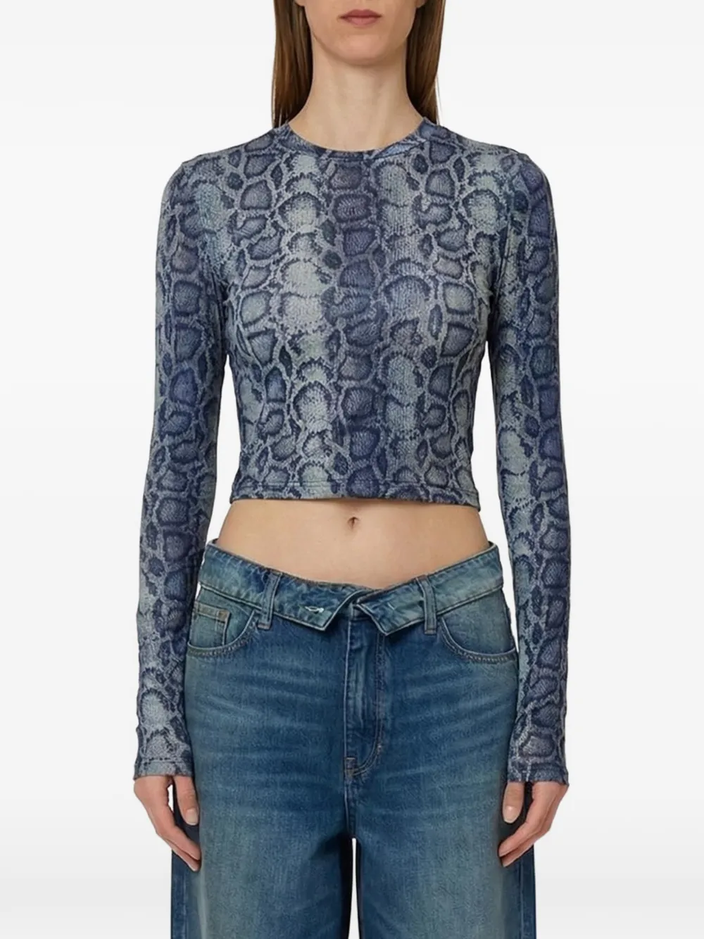 LIU JO crop-top denim-effect python-print - Blau
