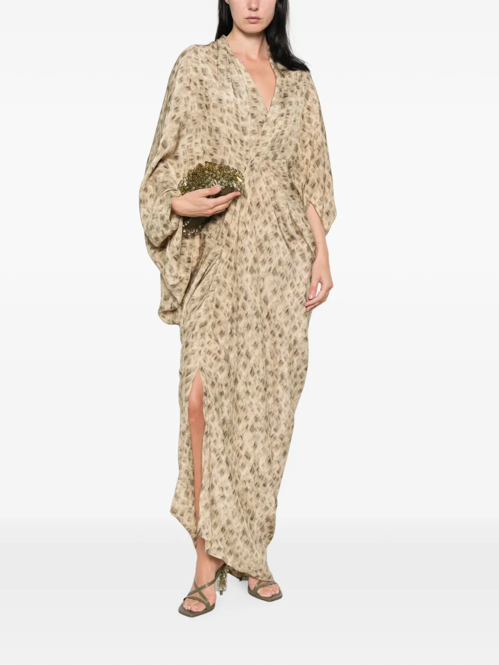 Cortana Mayu Abstract-print Draped Dress in Neutrals, view 2