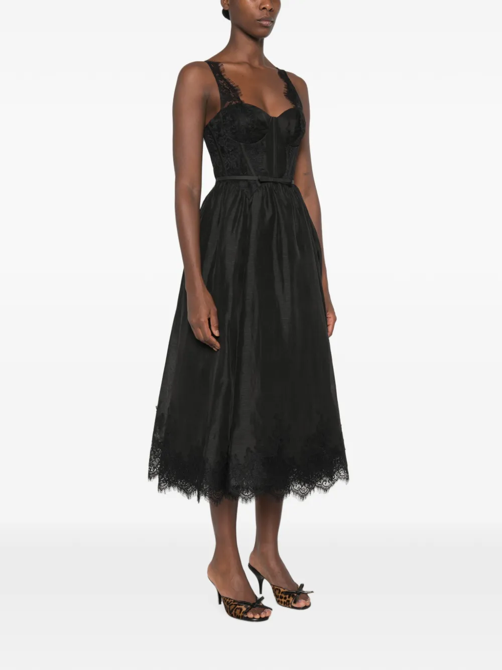 ZIMMERMANN Valiant lace-trimmed belted midi dress Zwart