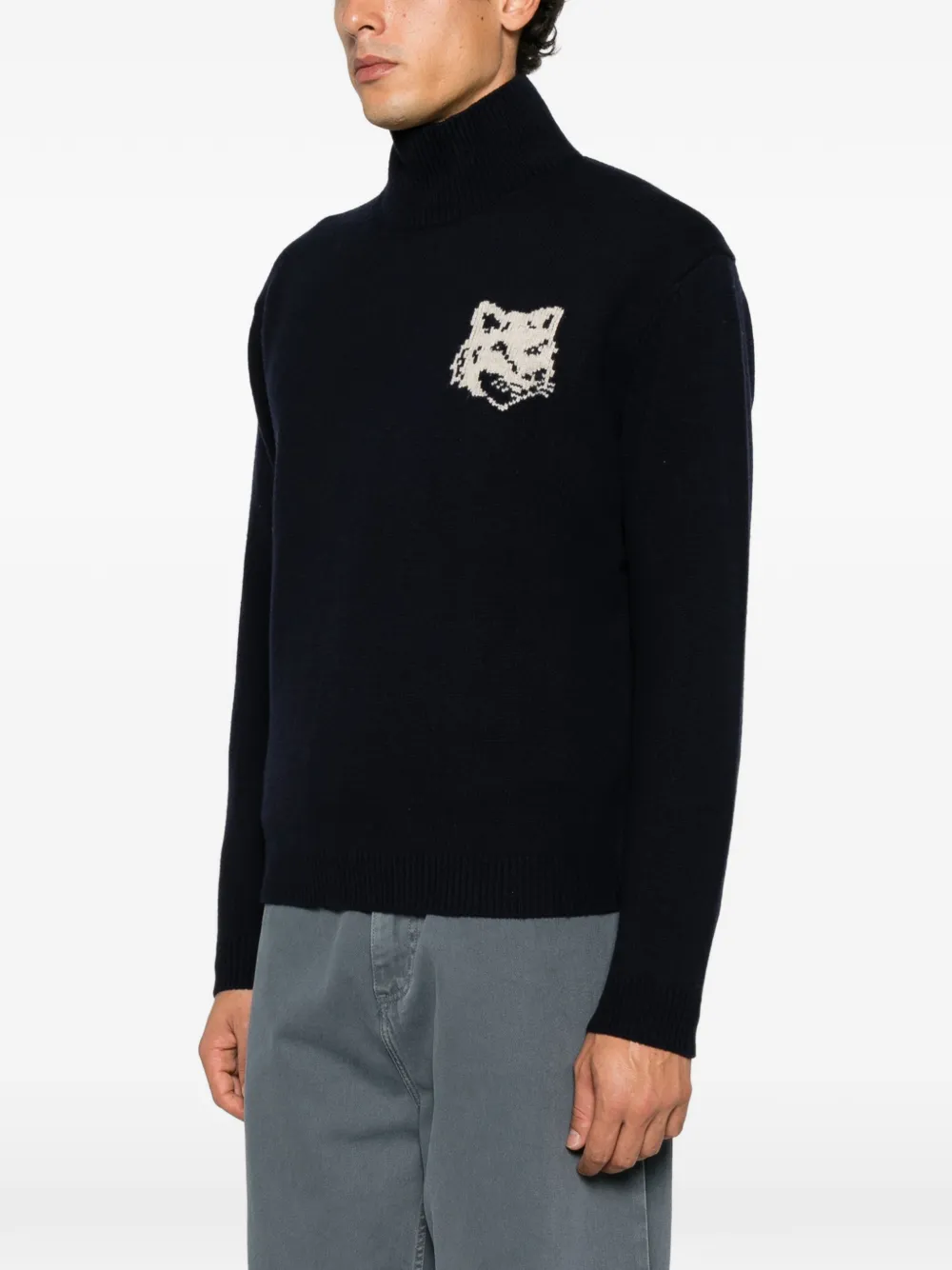Maison Kitsuné Trui met hoge hals en vos-intarsia Blauw