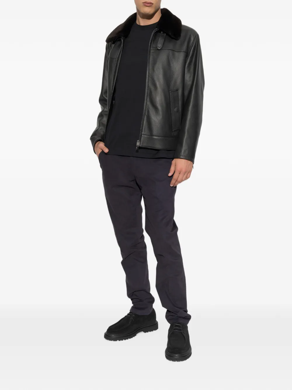 Brioni Leren jack met kraag van imitatiebont Zwart