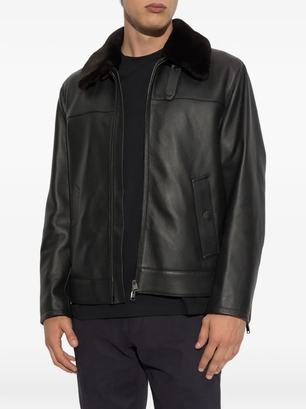 Brioni Leren jack met kraag van imitatiebont Zwart