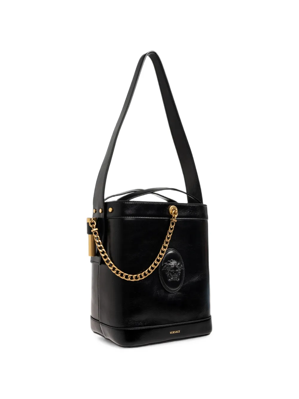 Versace Kleine Pivot leren bucket-tas Zwart