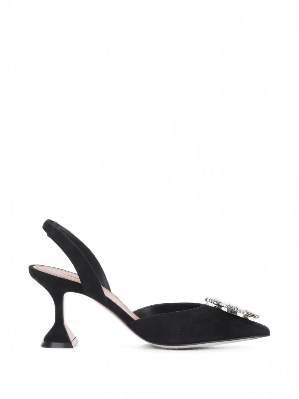 Amina Muaddi Begum crystal-brooch suede slingback pumps