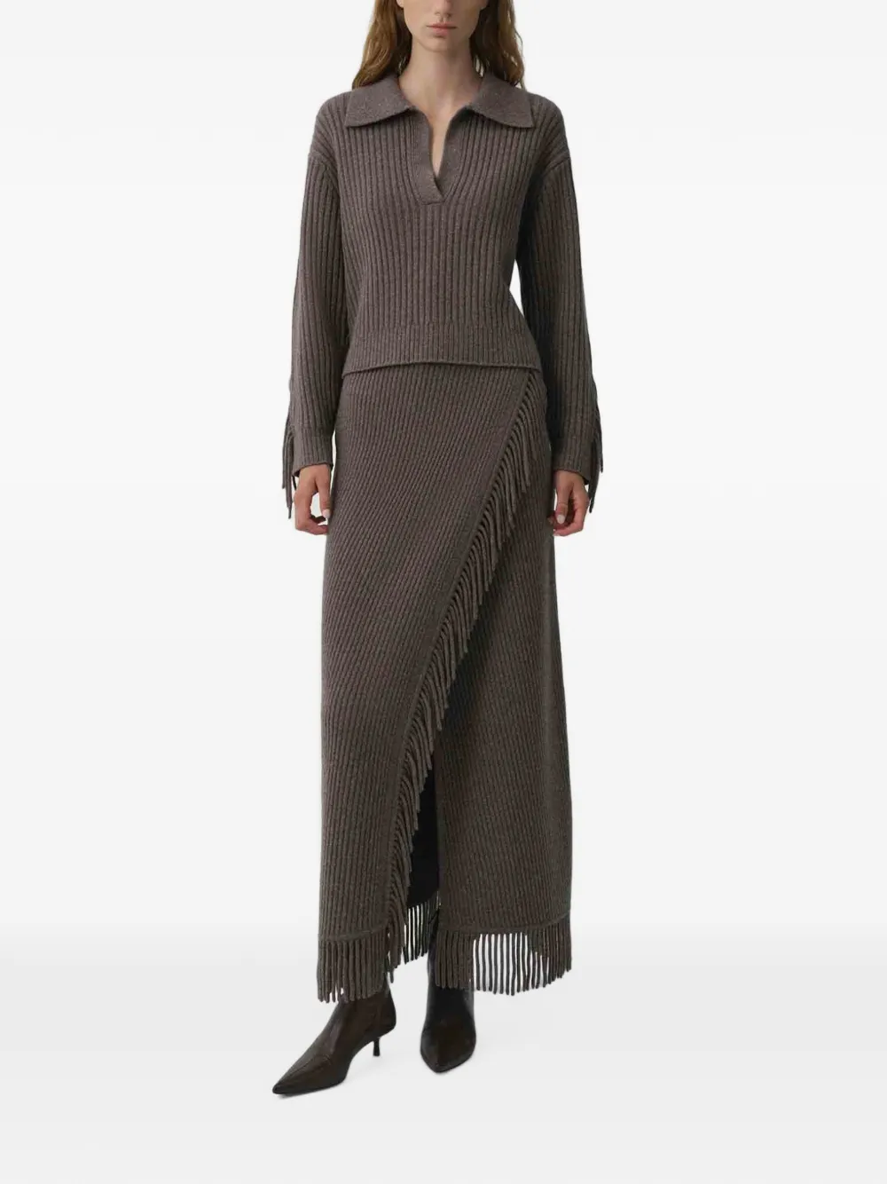 SIMKHAI fringe-trimmed ribbed-knit sweater Bruin