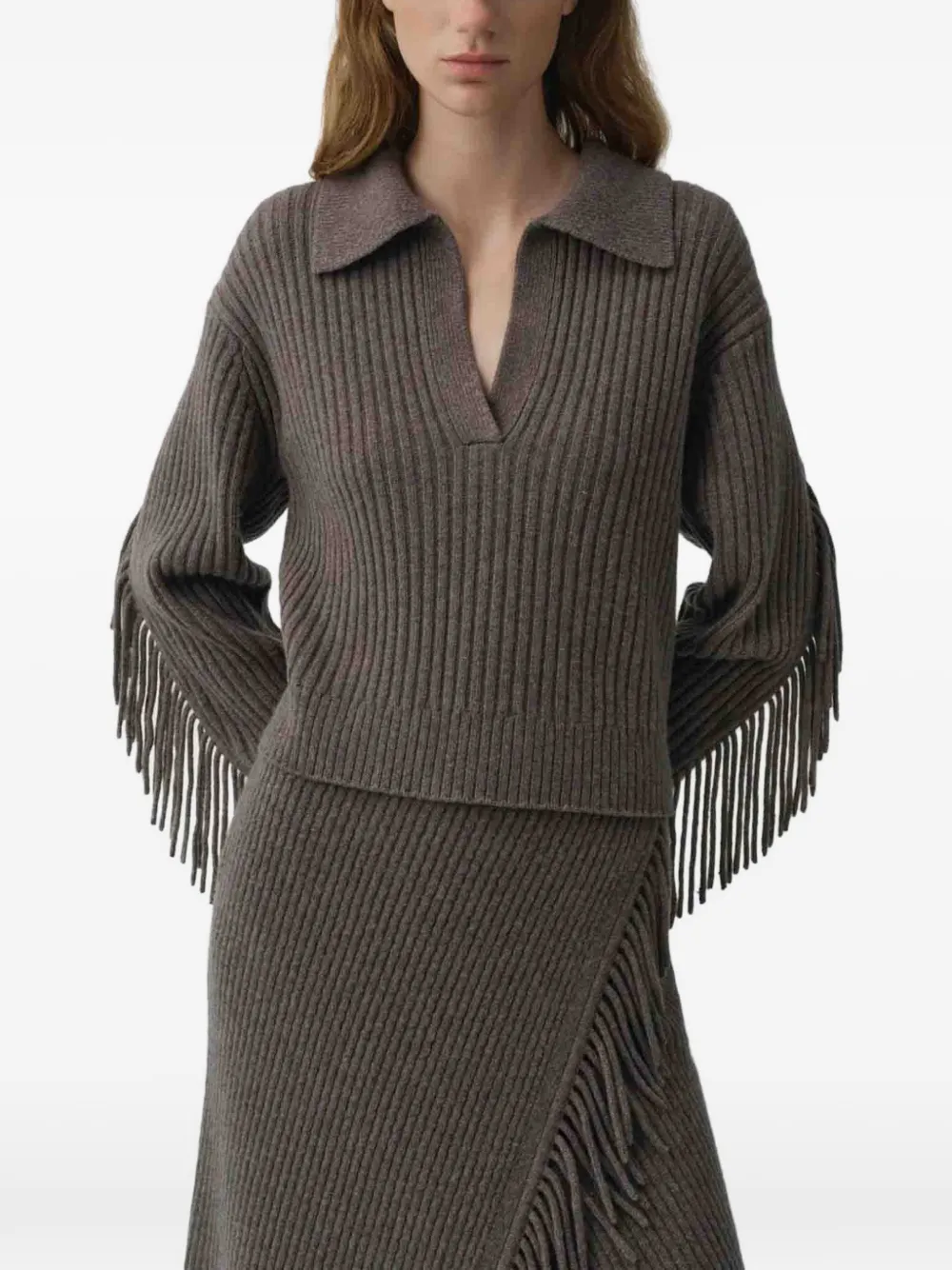 SIMKHAI fringe-trimmed ribbed-knit sweater Bruin