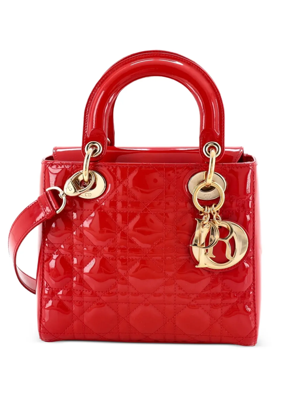 Christian Dior Pre-Owned Borsa a tracolla Lady Dior piccola trapuntata in pelle verniciata con motivo Cannage - Rosso