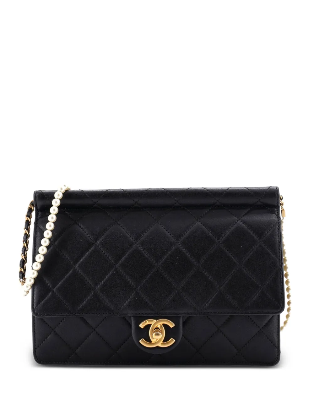 CHANEL Pre-Owned Pearl Chain Flap Bag Quilted Lambskin Large crossbody bag - Nero