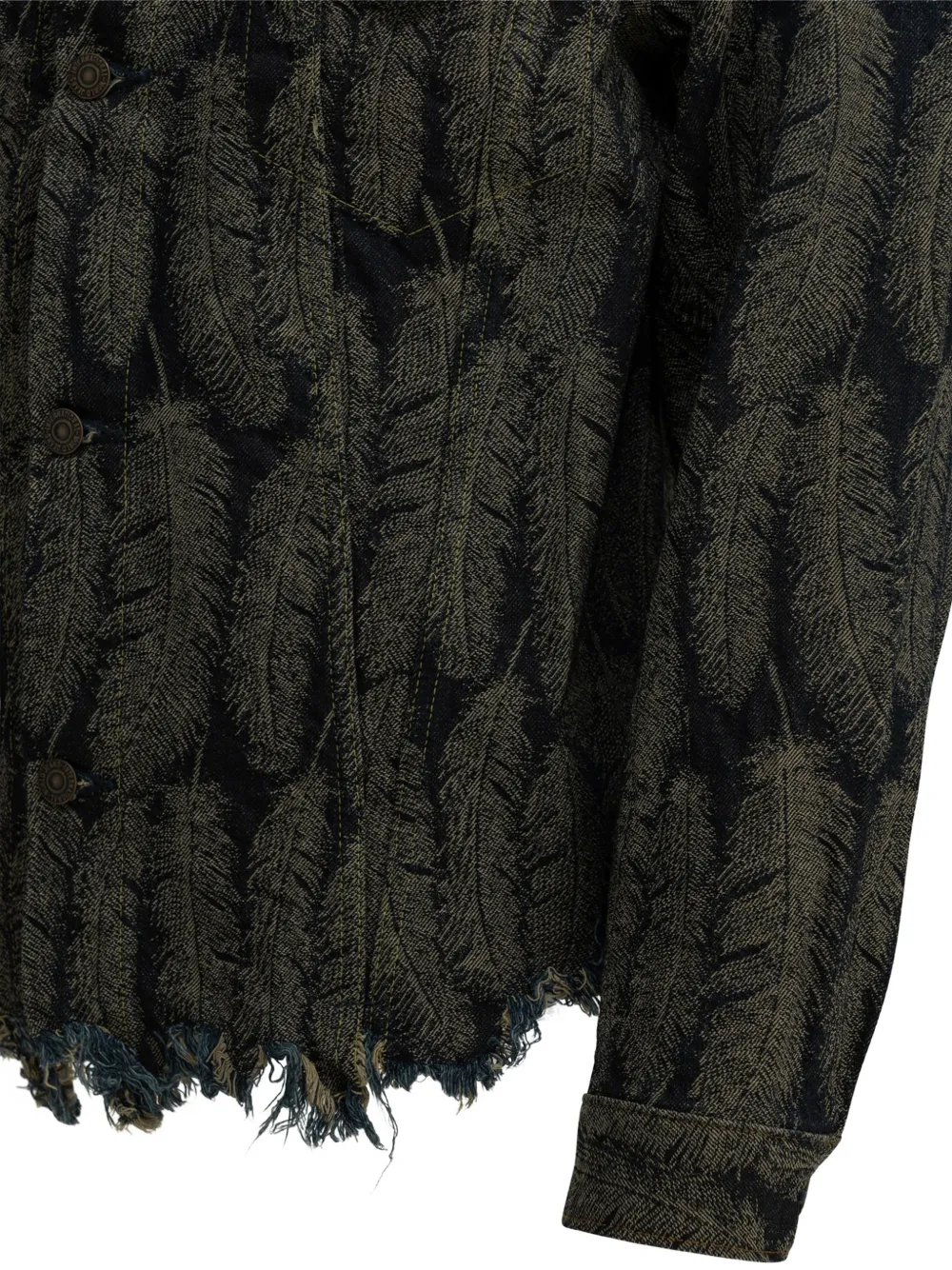 KAPITAL Denim jack met veren-print en gerafelde zoom Blauw