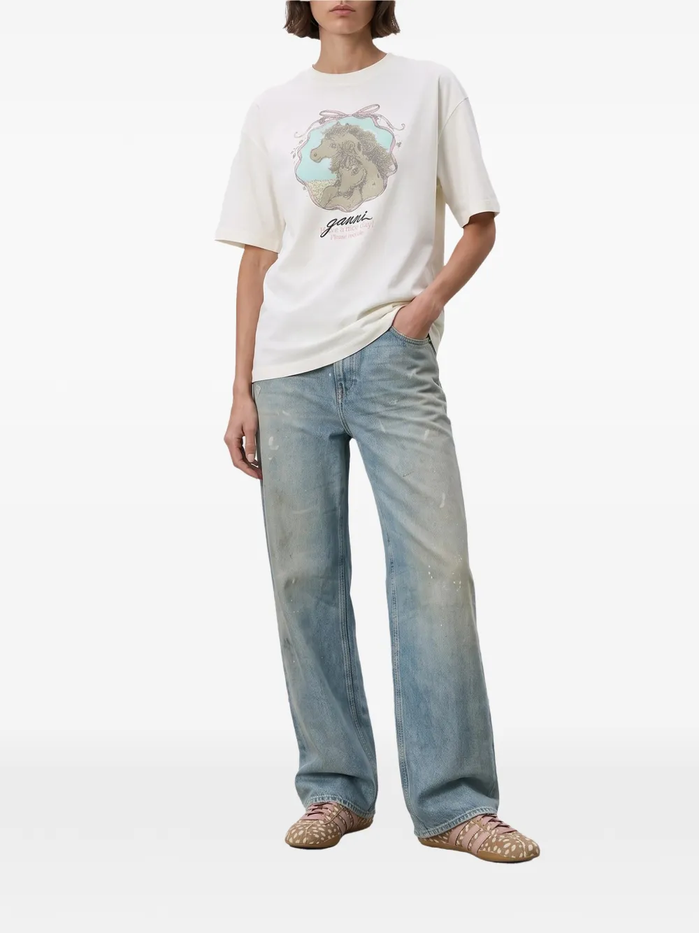 GANNI T-shirt met paarden Beige