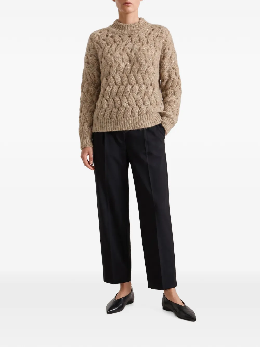 Brunello Cucinelli Tropical Luxury wollen soepelvallende broek met monili Zwart