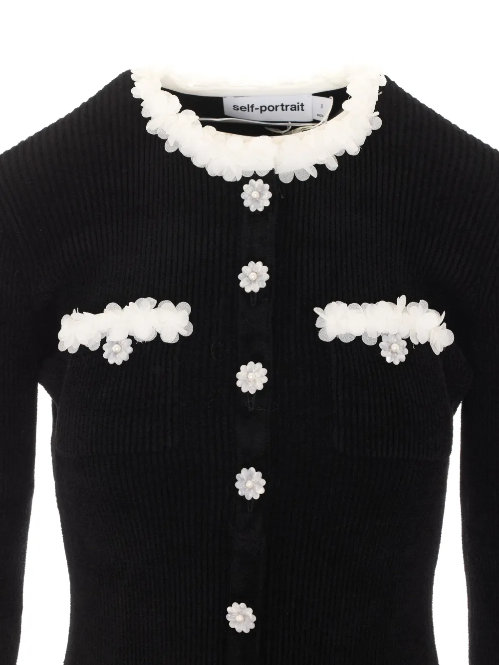 Self-Portrait Chenille gebreide mini-jurk met bloemenknoop Zwart