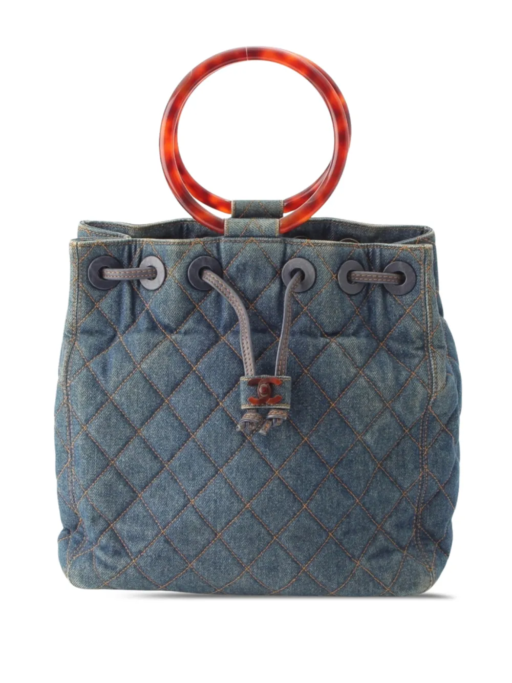 CHANEL Pre-Owned Borsa a secchiello CC in denim trapuntato con manico ad anello 1996-1997 - Blu