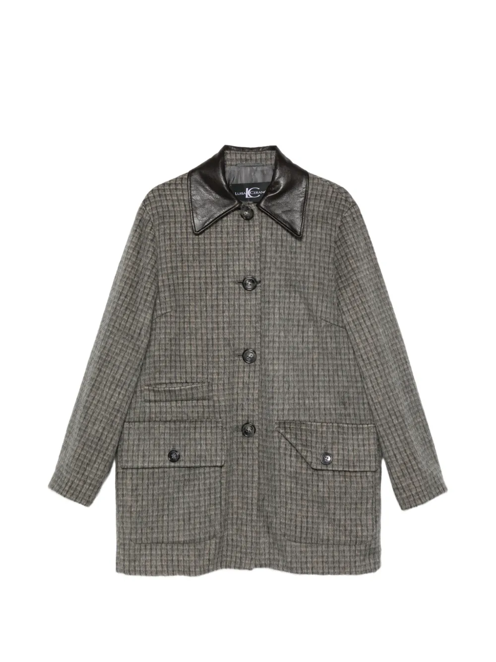 Luisa Cerano Check-pattern Leather-collar Coat In Grey