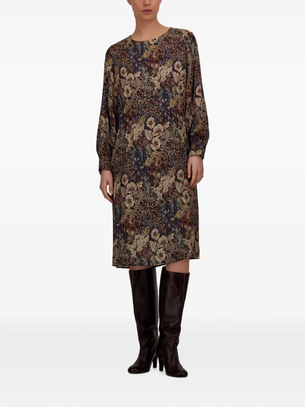 Herno Midi-jurk met bloemenprint Bruin