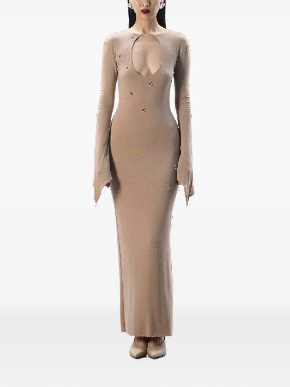 MANURÍ Maxi-jurk met uitgesneden details en verfraaid met kristallen Beige