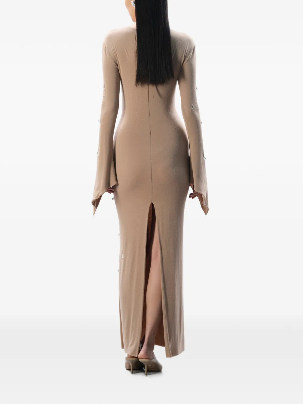 MANURÍ Maxi-jurk met uitgesneden details en verfraaid met kristallen Beige