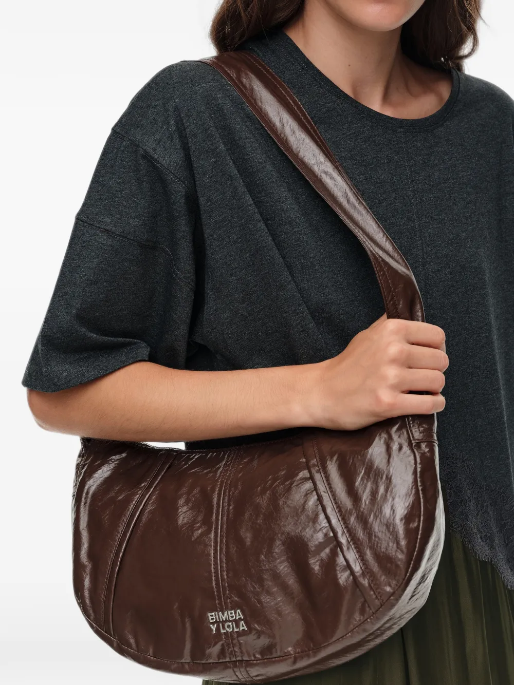 BIMBA Y LOLA Medium Moon tas met chocoladebruine glitters