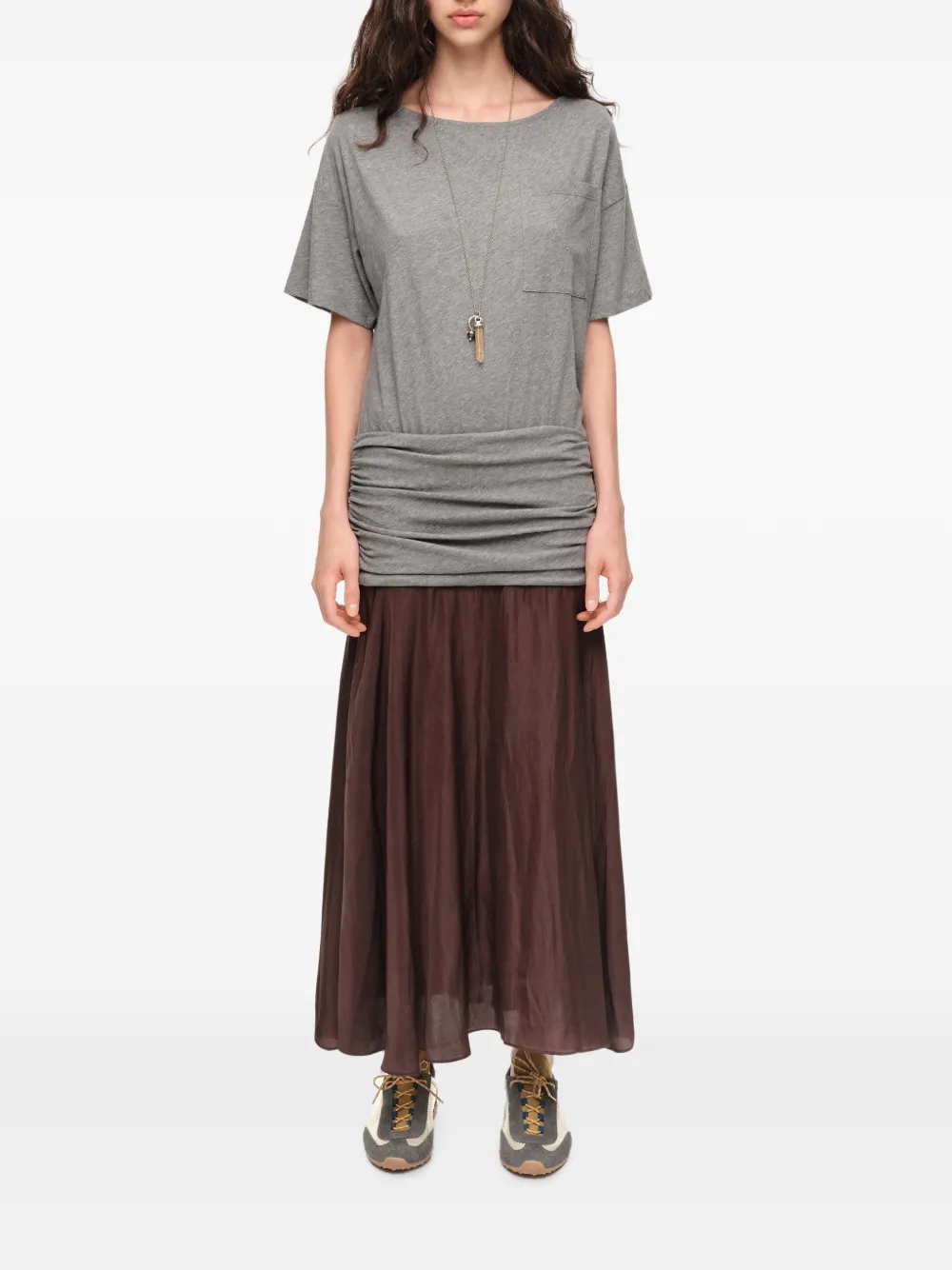 BIMBA Y LOLA gray melange two-material ruched dress with a flared hem Grijs