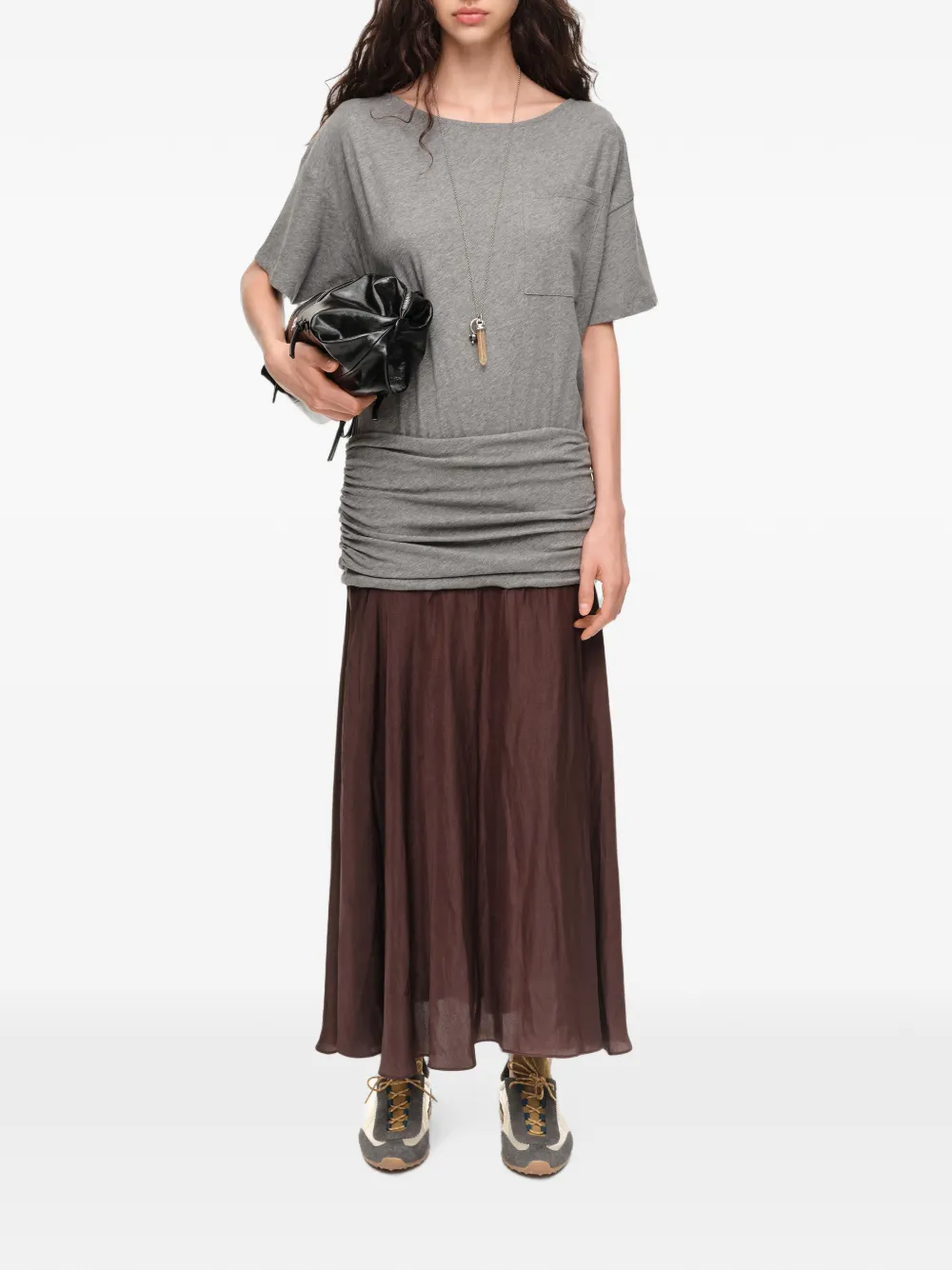 BIMBA Y LOLA gray melange two-material ruched dress with a flared hem Grijs